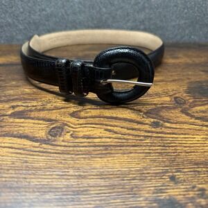 Talbots Black Lizard Embossed Leather Belt Size S Small Round Buckle Skinny